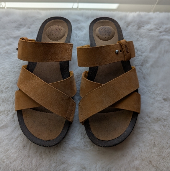 Teva Mahonia Slide Sandals | Size 7 | Leather Crisscross Slip-On w Cork Footbed - Picture 1 of 13
